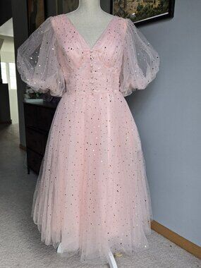 Starry Pink Tulle Prom Dress V-Neck Puff Sleeves Size 12US